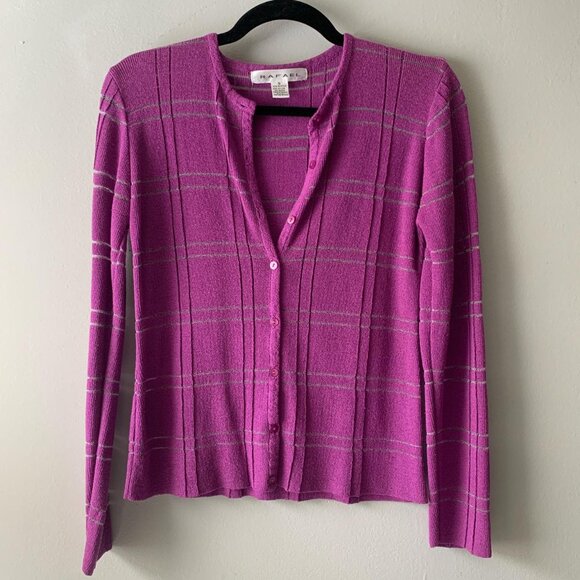 Vintage Rafael Purple and Sparkly Silver Plaid Button Down Lightweight Cardigan - Picture 1 of 4